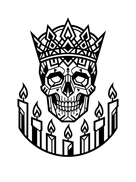Black and white geometric crown and santa muerte tattoo design, outline stencil