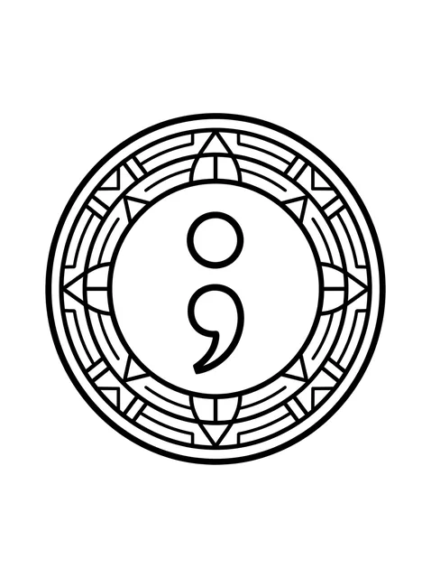 Black and white geometric semicolon and mandala tattoo design, outline stencil