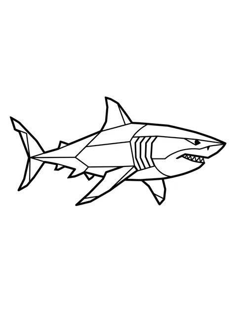 Black and white geometric shark tattoo design, outline stencil: a shark in a stylized, angular form