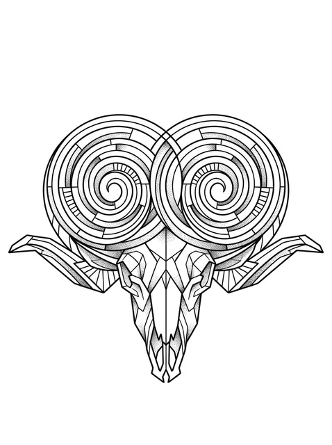 Black and white geometric skull and aries tattoo design, outline stencil