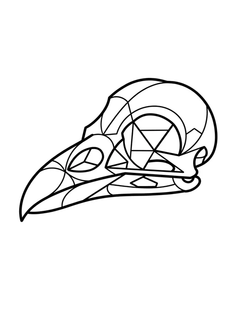 Black and white geometric bird and skull tattoo design, outline stencil