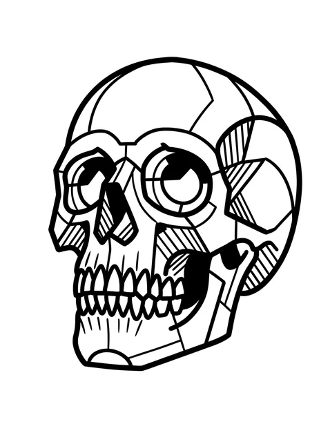 Black and white geometric skull tattoo design, outline stencil