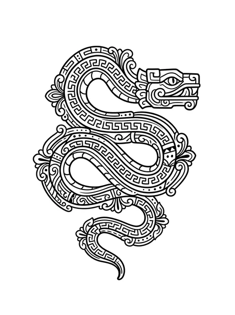 Black and white geometric snake and dragon tattoo design, outline stencil