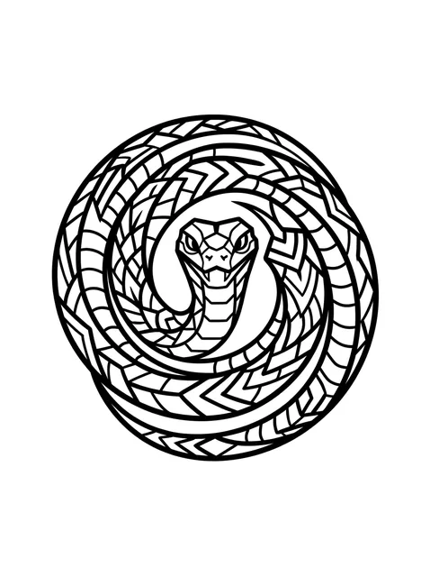 Black and white geometric snake tattoo design, outline stencil: its head prominently centered