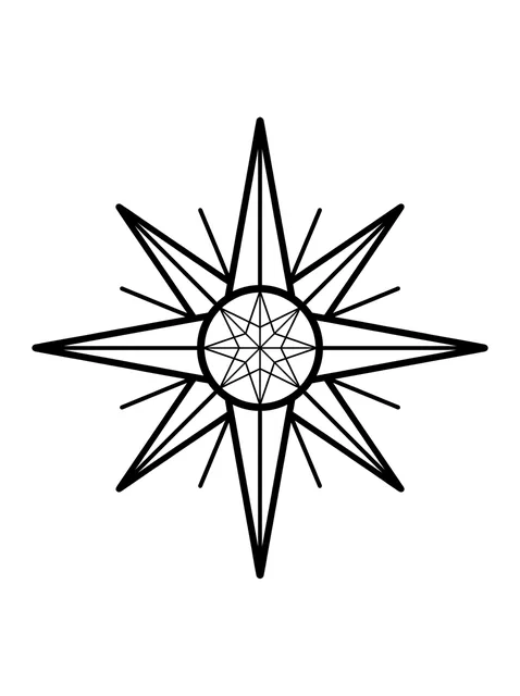 Black and white geometric mandala and star tattoo design, outline stencil