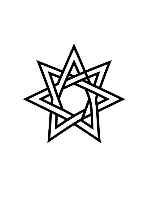 Black and white geometric star tattoo design, outline stencil: an interwoven, knot-like appearance