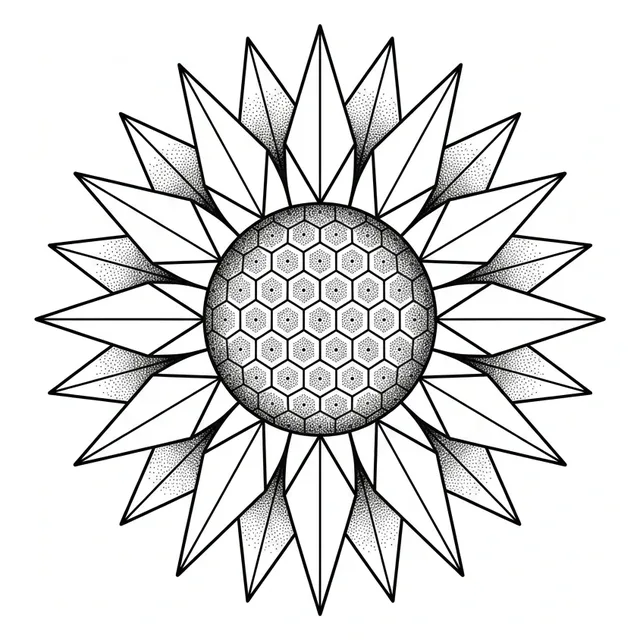 geometric Sunflower tattoo design, black and grey