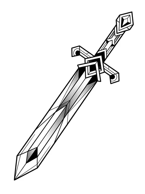 Black and grey geometric sword tattoo design, outline stencil