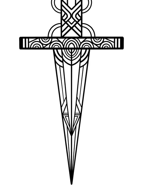 Black and white geometric sword tattoo design, outline stencil