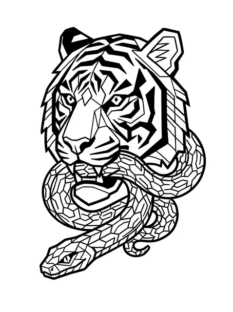 Black and white geometric snake and tiger tattoo design, outline stencil