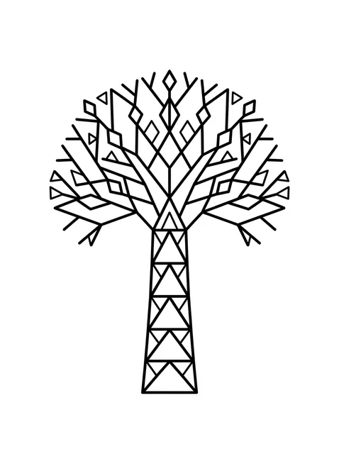 Black and white geometric tree of life tattoo design, outline stencil