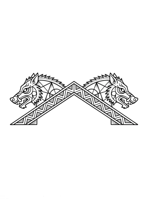 Black and white geometric viking and wolf tattoo design, outline stencil