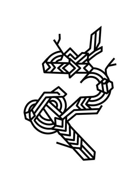 Black and white geometric vine tattoo design, outline stencil: a forked branch-like end