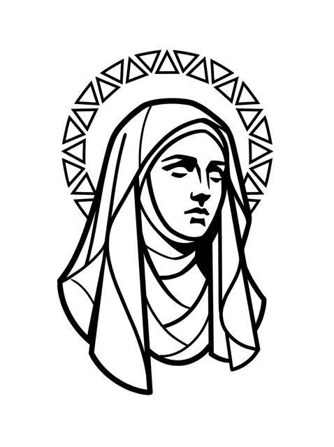 Black and white geometric virgin mary and woman portrait tattoo design, outline stencil