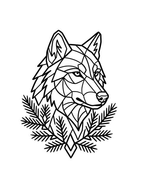 Black and white geometric wolf and leaf tattoo design, outline stencil