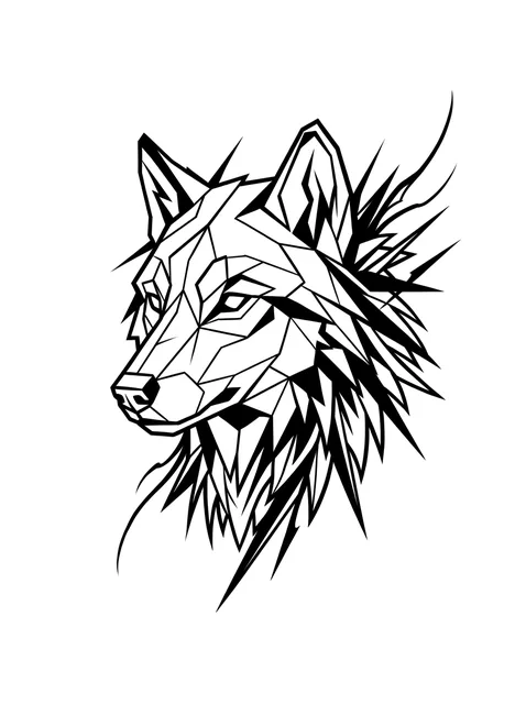 Black and white geometric wolf tattoo design, outline stencil