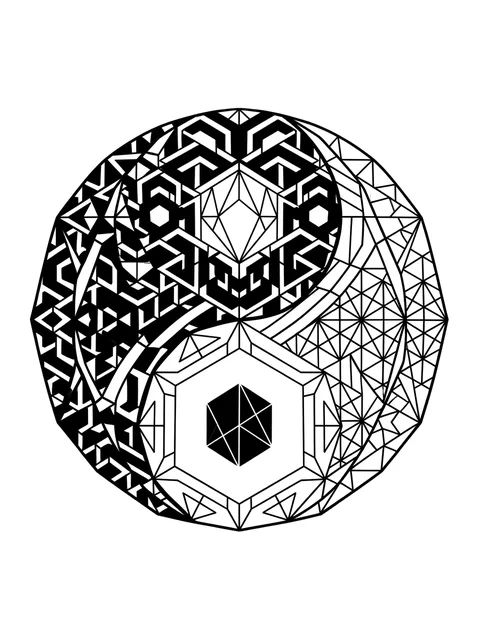 Black and white geometric yin yang and mandala tattoo design, outline stencil