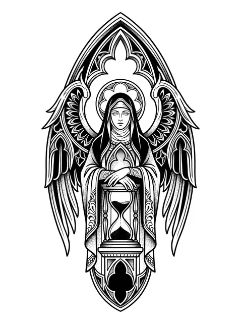 Black and grey gothic angel of death and hourglass tattoo design