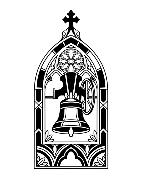 Black and grey gothic cross and rose window tattoo design: the window and the bell are