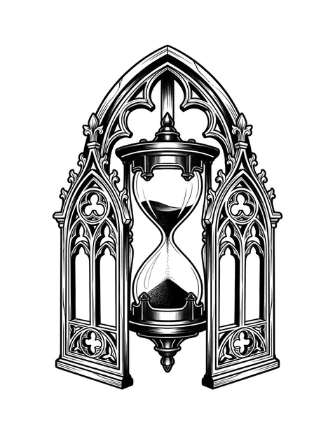 Black and grey gothic hourglass tattoo design: a cathedral window, with detailed arches and tracery