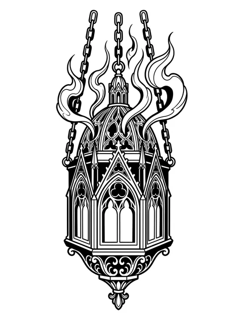 Black and grey gothic lantern tattoo design: a gothic censer or lantern, suspended by chains