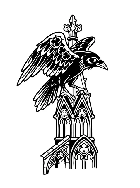 Black and grey gothic raven tattoo design: a raven perched atop an ornate architectural spire