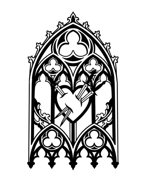 Black and grey gothic rose window and heart tattoo design: a heart pierced by three nails