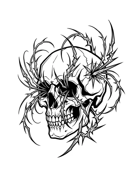 Black and grey gothic skull and vine tattoo design: a skull entangled with thorny vines