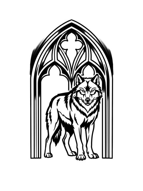 Black and grey gothic wolf tattoo design: a wolf standing within an ornate gothic archway