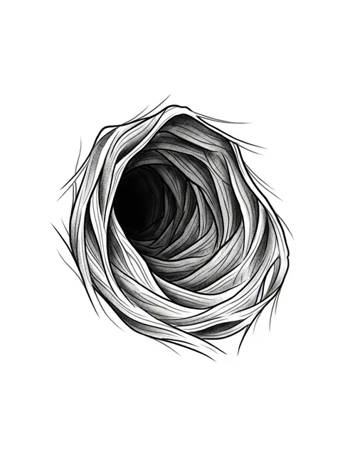 Black and grey illustrative abstract tattoo design: a swirling, abstract vortex