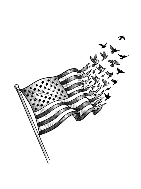 Black and grey illustrative american flag and bird tattoo design
