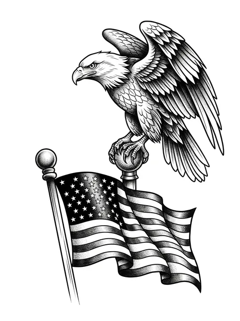 Black and grey illustrative american flag and eagle tattoo design