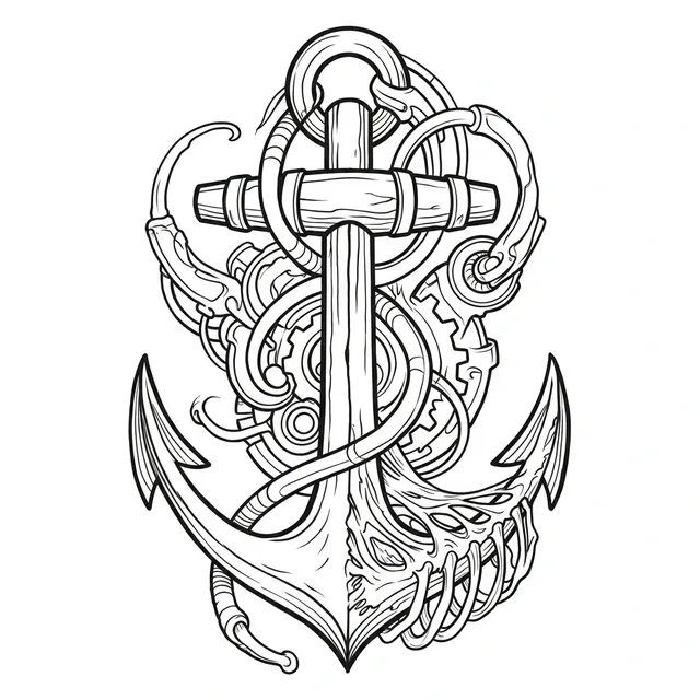 Black and white illustrative skeleton and anchor tattoo design