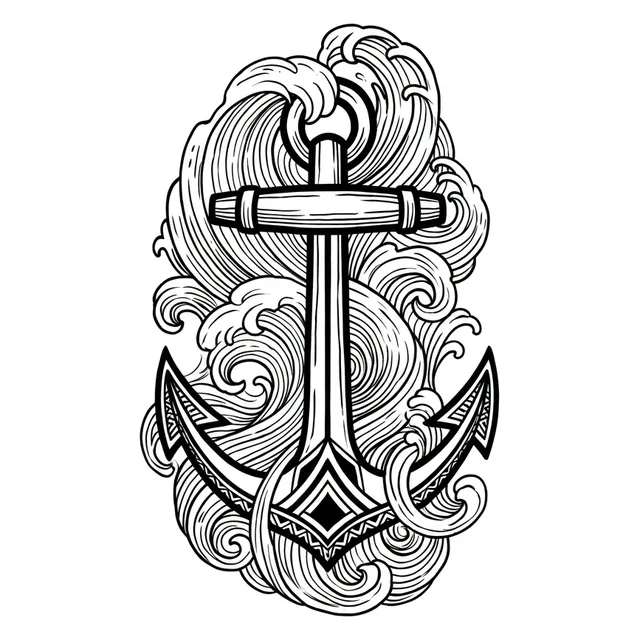 Black and grey illustrative wave and anchor tattoo design