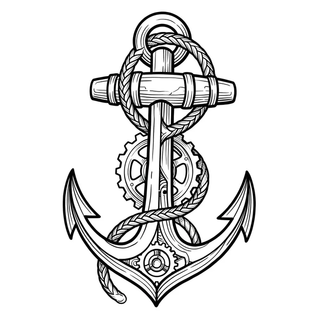 Black and white illustrative anchor tattoo design: an anchor with a rope wrapped around it