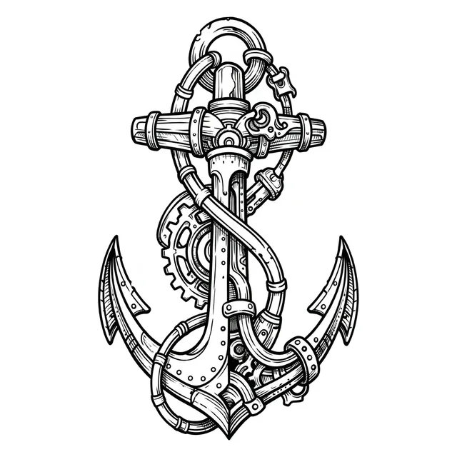 Black and white illustrative anchor tattoo design: a steampunk-inspired anchor