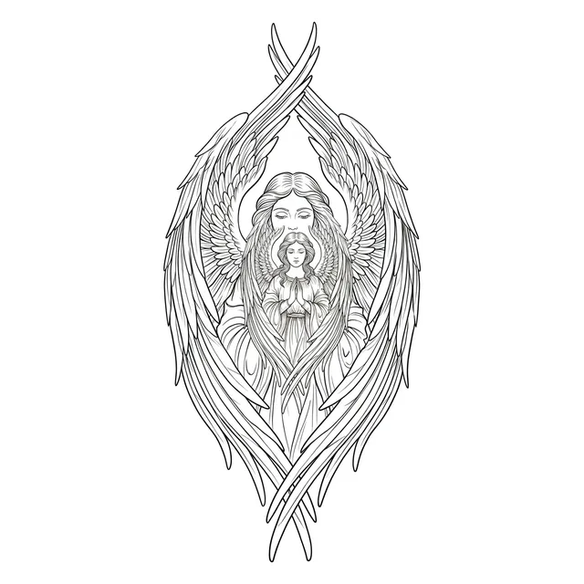 Black and grey illustrative angel and praying hands tattoo design