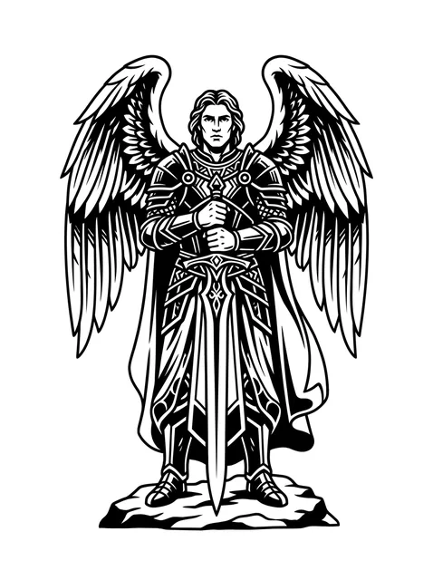 Black and grey illustrative sword and angel tattoo design: an angel in full armor, holding a sword