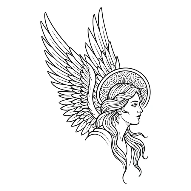 Black and grey illustrative woman portrait and angel tattoo design