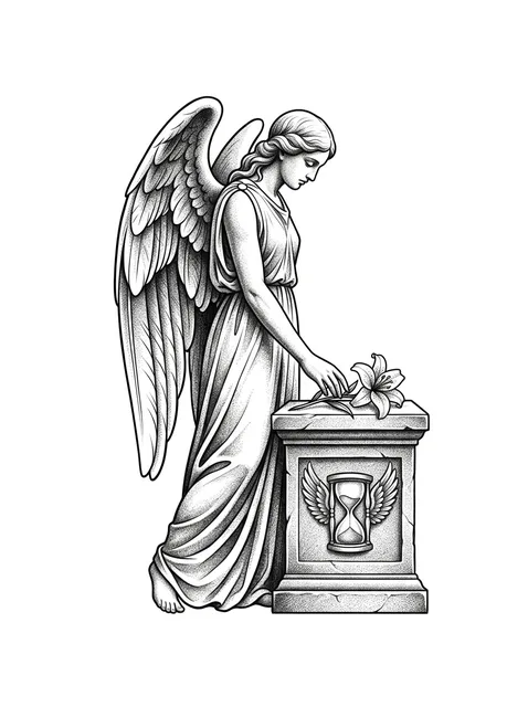 Black and grey illustrative angel of death and lily tattoo design: a winged hourglass