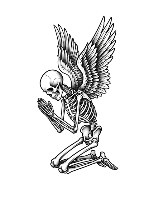 Black and grey illustrative angel of death and skeleton tattoo design