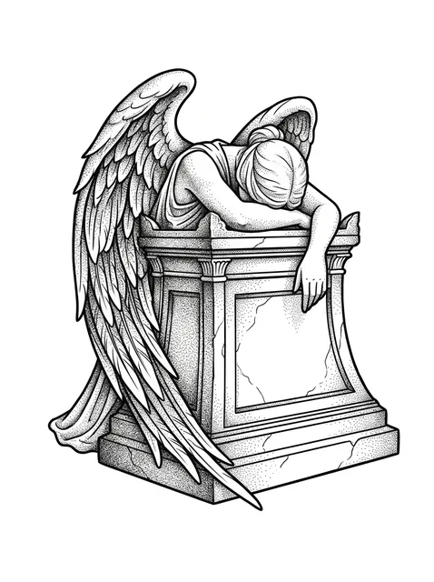 Black and grey illustrative angel of death and tomb tattoo design