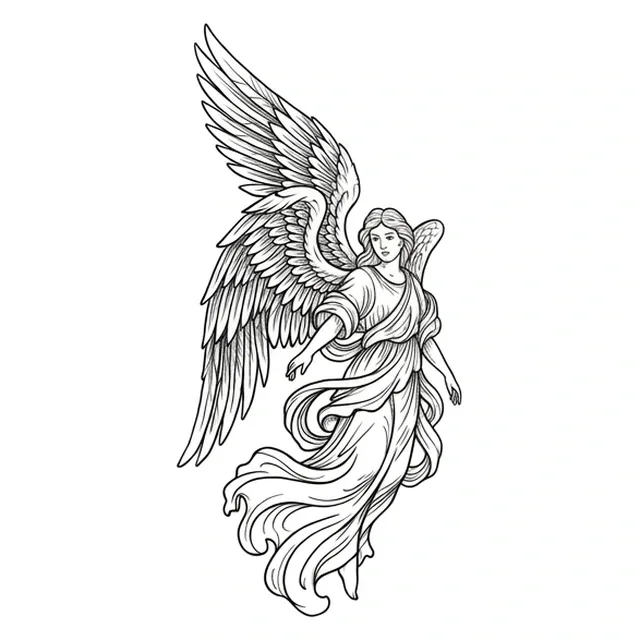 Black and grey illustrative angel tattoo design