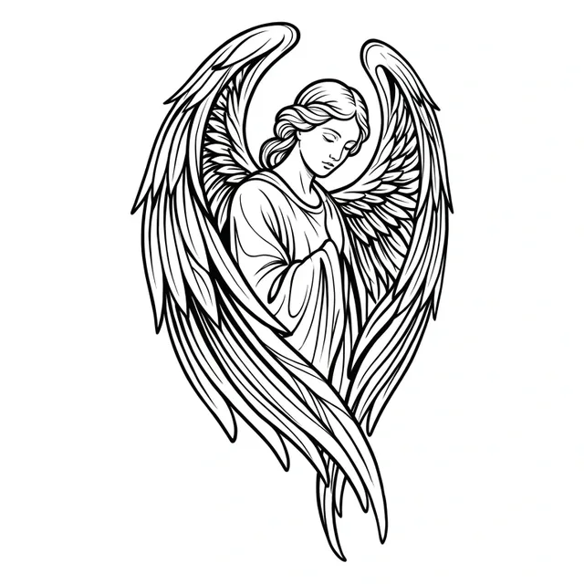 Black and grey illustrative angel tattoo design: an angel with large, detailed wings