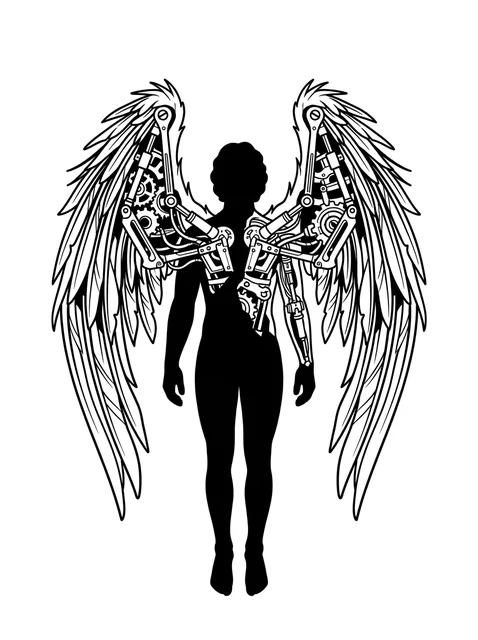 Black and grey illustrative angel tattoo design