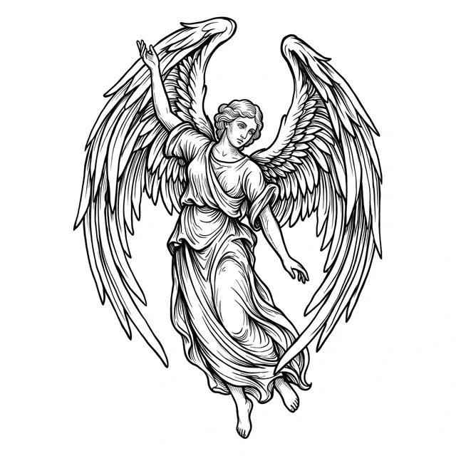 illustrative Angel tattoo design, black and grey