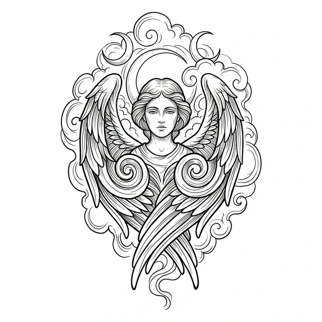 illustrative Angel tattoo design, black and grey