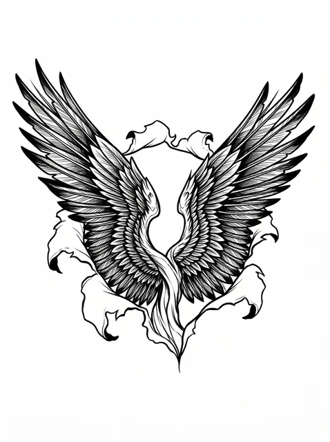 Black and white illustrative angel wings and feather tattoo design