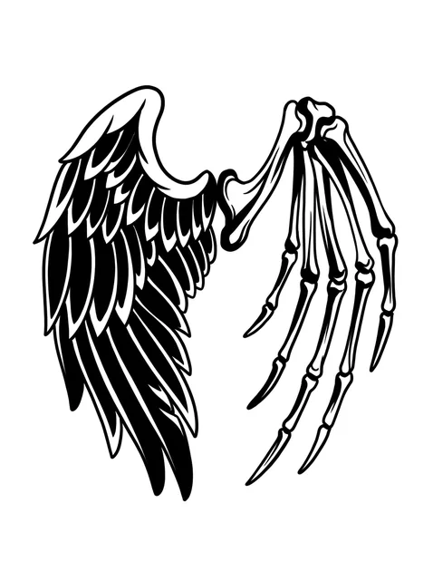 Black and white illustrative skeleton and angel wings tattoo design: a duality of wings