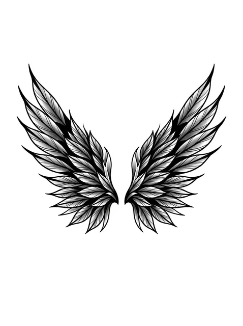 Black and grey illustrative angel wings tattoo design